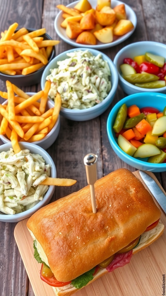 A table set with delicious sandwich sides: fries, coleslaw, pickles, and fruit salad